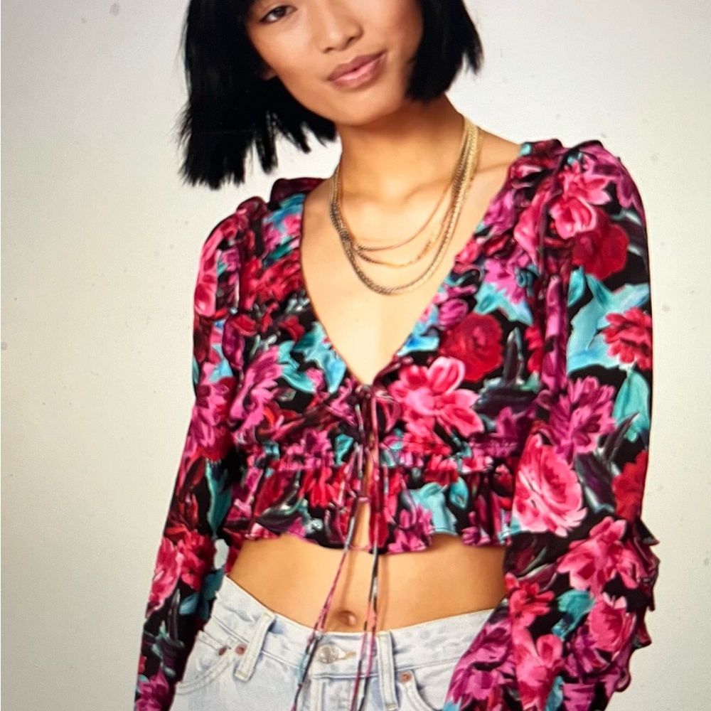 For Love and Lemons Floral Ruffle “Scarlett” Crop Top